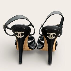 CHANEL COCO Mark Logo Rhinestone Embellised Sandals in Black Leather